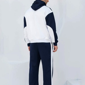 Men's Navy White Color Blocking Hooded <b>Tracksuit</b> Full Length Zipper Casual Wear With Side Pockets Autumn Season - Product Image 2