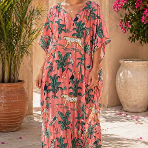 Women Designer Indian Cotton <b>Kaftan</b> <b>Long</b> Animal Print Loose Fit Dress Animal Print <b>Long</b> Lounge Wear - Product Image 1