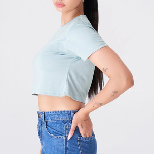 Women's Light <b>Blue</b> <b>Crop</b> <b>Top</b> Crew Neck Short Sleeve Solid Color Casual T-Shirt Spring Summer Style - Product Image 2