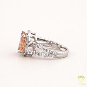 Peach <b>Emerald</b> Cut Lab Grown Diamond Halo Engagement <b>Ring</b> in 925 Sterling <b>Silver</b> Split Shank Pavé <b>Ring</b> - Product Image 2