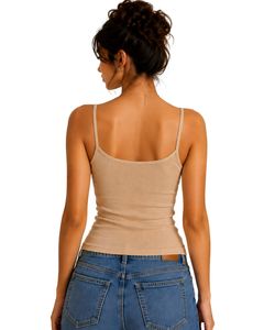 Débardeur côtelé beige pour femme avec dentelle, bretelles spaghetti, sans manches, en coton, coupe ajustée, style décontracté, pour l'été, tendance - Product Image 2