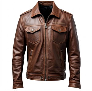 Chaqueta de Cuero Genuino Marrón Personalizada para Hombre, Estilo Motero, Cuello Camisero, Cierre de Cremallera, Bolsillos Delanteros, Corte Regular, Estilo Otoñal - Product Image 1