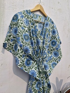 Blue Floral Cotton Kimono <b>Dress</b> Women <b>Summer</b> Beach Kaftan Robe <b>Boho</b> Lounge Wear Loose Fit Casual Vacation Outfit - Product Image 4