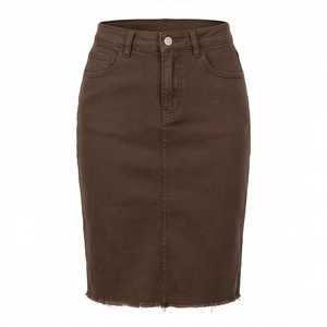 Jupe crayon en jean taille haute pour femme, couleur unie, longueur genou, style décontracté avec poches et ourlet effiloché - Product Image 1