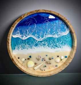 Plateau de service en bois et résine époxy fait main de haute qualité pour restaurant, petit-déjeuner, thé, jus, avec poignée en métal - Product Image 1