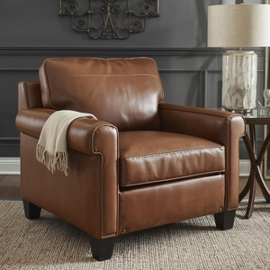 Fauteuil élégant en cuir marron vintage avec accoudoirs, chaise d'appoint de luxe pour salon et bureau - Product Image 2