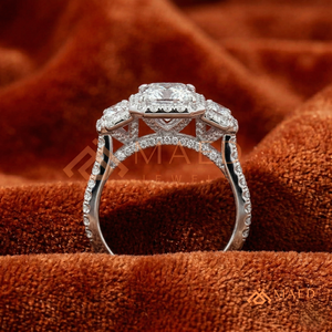 Elegant 925 Sterling <b>Silver</b> <b>Emerald</b> Cut Halo Diamond Engagement <b>Ring</b> with Baguette Side Stones and Double Band for Women - Product Image 2