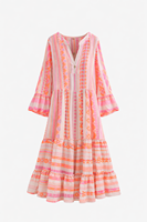 Robe longue en coton jacquard pour femmes, style bohème, col en V, manches cloche, fabrication artisanale
