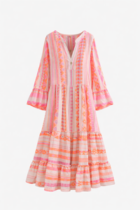 Robe longue en coton jacquard pour femmes, style bohème, col en V, manches cloche, fabrication artisanale - Product Image 2