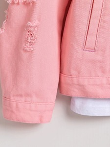 Veste en jean rose unisexe décontractée à col rabattu, manches déchirées et effilochées, coupe droite, simple boutonnage, idéale pour le printemps - Product Image 4