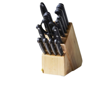 Couteaux de cuisine en bois brun clair avec manches rivetés noirs, lames argentées et ciseaux pour la préparation culinaire - Product Image 6