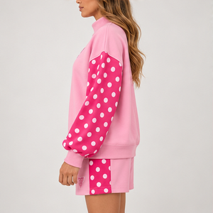 Conjunto Deportivo Casual Personalizado de 2 Piezas para Mujer, con Mangas con Estampado de Lunares Rosas y Cuello Alto Simulado - Product Image 4