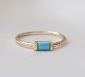 Natural Turquoise 3x5mm Rectangle Smooth 925 <b>Silver</b> Gold Plated Bezel <b>Set</b> CZ Diamond Gemstone <b>Ring</b> Unisex Women's Wedding Party - Product Image 1