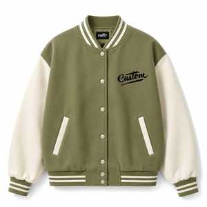 Custom Men's Varsity Jacket Olive Green Beige Sleeve Turn-down Collar <b>Covered</b> <b>Button</b> Casual Winter Style Printed Letter Back - Product Image 2