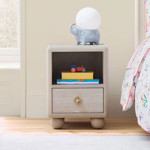 Modern Teak Wood Bedside <b>Cabinet</b> with Open Compartment Soft Curves and <b>Storage</b> Drawer - Product Image 1