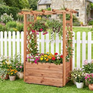 Fioriera Rialzata in Legno di Pino Naturale con Traliccio Arancione e Tetto Sospeso per Drenaggio, Ideale per Edifici da Giardino - Product Image 2