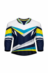 Camiseta de Hockey sobre Hielo Sublimada Personalizada, Cuello en V, Manga Tres Cuartos, Estampado Geométrico, Ropa Deportiva de Poliéster que Absorbe la Humedad para Hombre - Product Image 1