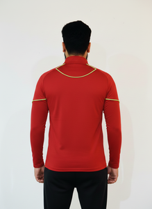 Camiseta Deportiva de Manga Corta con Cierre de Cremallera Roja para Hombre, Costuras en Amarillo en Contraste, Corte Regular, Ropa Deportiva de Verano, Protección UV, Transpirable - Product Image 2