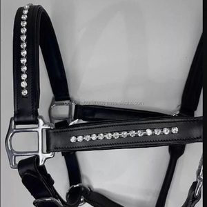 Licou de cheval en cuir anglais noir de qualité supérieure avec rembourrage doux et coutures durables Cristaux Bling licou fantaisie décoratif - Product Image 1
