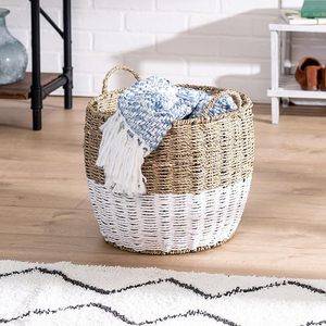 Handmade Round Seagrass Storage <b>Basket</b> with Handles, Two-Tone <b>Woven</b> <b>Basket</b> for Home Organization Made in Vietnam - Product Image 1