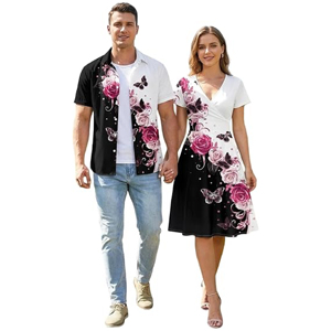 Tenues Assorties pour Couples en Gros - Chemise Homme à Boutons Imprimée Fleurs et Papillons Sur Mesure et Robe Femme Élégante Col V Coupe Trapèze - Product Image 1