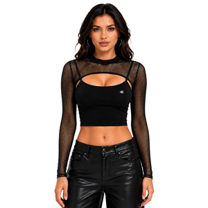 Haut court noir à manches longues en maille pour femme, coupe ajustée, couleur unie, personnalisable, vente en gros, impression DTF, couche transparente, haute qualité - Product Image 1