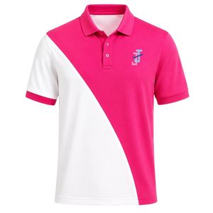 Polo rose vif à empiècements croisés blancs, manches courtes, col contrastant, haut décontracté, uniforme personnalisé, vêtements de sport pour hommes et femmes - Product Image 1