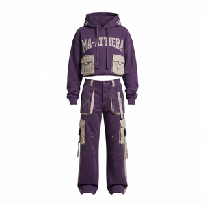 Custom <b>Women</b> <b>Purple</b> Cropped Hoodie Cargo Jogger Set Cotton Fleece Streetwear <b>Tracksuit</b> OEM Wholesale - Product Image 4