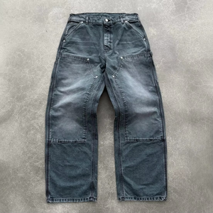 Jean de travail en denim noir délavé pour homme, coupe décontractée, double genou renforcé, style charpentier, personnalisable - Product Image 2
