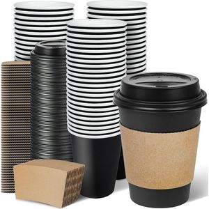 Confezione da 100 Bicchieri di Carta Neri da 350 ml Antifuoriuscita con Coperchi e Manicotti per Caffè da Asporto, Picnic, Feste e Viaggi - Product Image 1