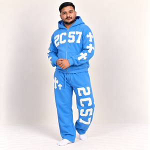 Ensemble survêtement homme bleu ciel personnalisé avec sweat à capuche zippé et pantalon de jogging brodé effet usé REXFIT SPORTS OEM Vente en gros - Product Image 1