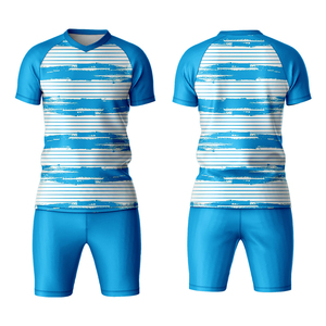 Men's Blue Striped Sublimated Soccer Jersey <b>Shorts</b> Set Crew Neck <b>Short</b> Sleeve Moisture Wicking Fitted Athletic Apparel - Product Image 1
