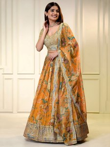 Conjunto de Lehenga Choli de Organza y Chiffon Floral Moderno para Mujer con Dupatta, Bordado de Lentejuelas, Ecológico, Semi-Cosido, Traje de Boda - Product Image 1