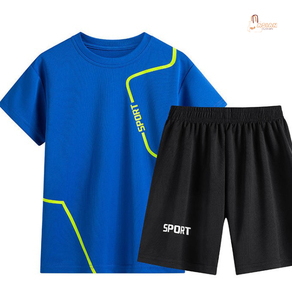 Ensembles de vêtements unisexes pour enfants d'automne, coupe-vent, sportifs, avec t-shirt à col montant à manches courtes et short imprimé pour tenues de sport - Product Image 1