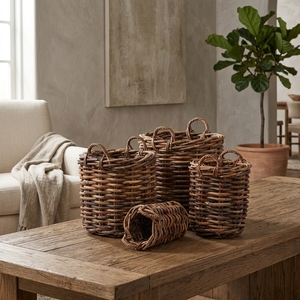 new modern minimalist wholesale set of four natural rattan woven <b>storage</b> <b>baskets</b> rustic round <b>wicker</b> organizer bins with handles - Product Image 4