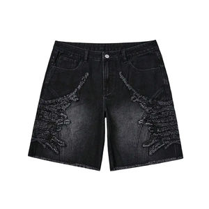 Pantalones Cortos de Mezclilla Vintage para Hombre, Estilo Urbano de Verano, Jorts Personalizados, Holgados, Desgastados, de Algodón Oscuro Lavado, Decorados con Bordados, Jeans Claros - Product Image 1