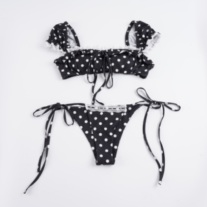 Maillot de bain 2 pièces sexy rétro en dentelle pour femme, avec liens aux genoux, volants, tricot court respirant et écologique, idéal pour la plage - Product Image 2