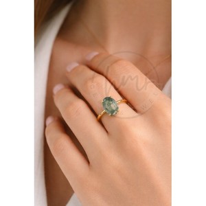 Bague ovale en agate mousse naturelle, plaquée or, en laiton, ajustable, faite à la main, avec pierre précieuse verte, bijoux en gros - Product Image 2