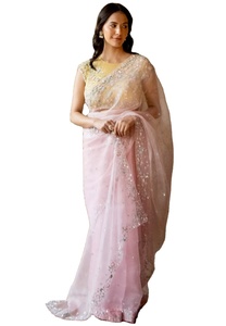 Sari de seda de organza pura con hilo Zari Lentejuelas Trabajo Estilo indio Blusa larga Pieza para mujeres para bodas y fiestas - Product Image 5