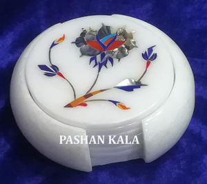 Beautiful Handmade White Marble Round Shape Floral Inlay Design <b>Tea</b> <b>Coaster</b> Sets Use For Home Decoration And Business Gifts Item - Product Image 2