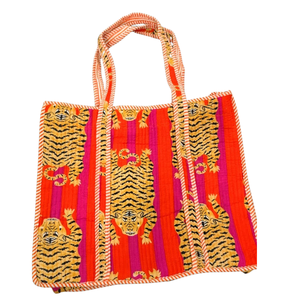 Jaipur Hand Block Printed Cotton Tote <b>Bag</b> With Quilted Design Eco Friendly Reusable Handbag For Office Travel Use Tiger Print - Product Image 1