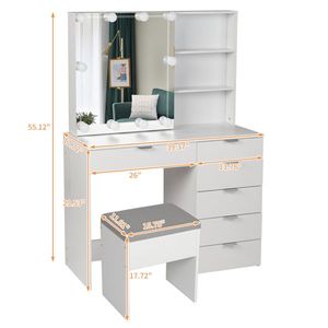 Set Moderno di Toeletta in Legno con 2 Ripiani, 6 Pomelli, 3 Lampadine a Tono Variabile, Finitura in Impiallacciatura Triamine - Bianco - Product Image 4