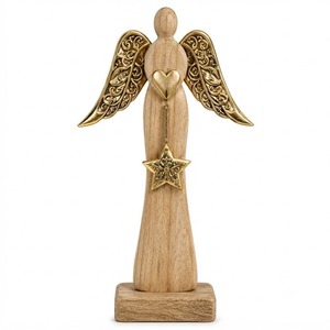 Figurine d'ange en bois avec ailes dorées, ornement cœur et étoile, décoration de table, décoration de Noël - Product Image 1