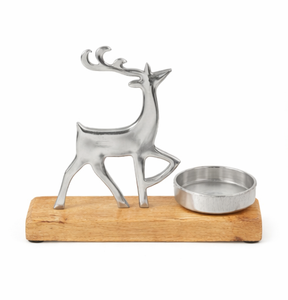 Luxury Silver Metal Reindeer Candle <b>Holder</b> With Natural Wooden Base Modern Christmas <b>Tealight</b> <b>Holder</b> & Festive Table Centerpiece - Product Image 4