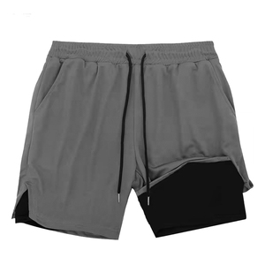 Shorts de course ajustés 2-en-1 gris et noir pour homme, en Spandex/Polyester, avec doublure de compression, séchage rapide et respirant, pour la gym - Product Image 1