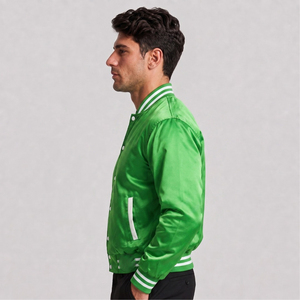 Veste de sport en satin vert pour homme avec bordure à rayures blanches Coupe classique Col rabattu Fermeture à boutons Vêtement décontracté pour l'automne - Product Image 3