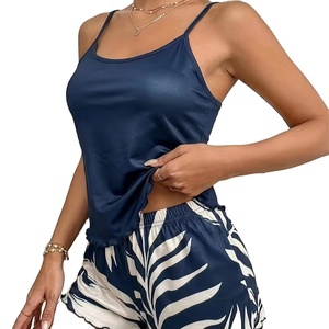 Solid Color Camisole Botanical Print Shorts Pajama Set Women Simple Casual & Comfortable Silky Fiber Fabric Thin Short-Sleeve BD - Product Image 1