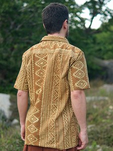 เสื้อเชิ้ตผ้าฝ้ายสีมัสตาร์ดพิมพ์ลายด้วยมือสำหรับผู้ชาย สไตล์ดั้งเดิม งานฝีมือ ชุดลำลอง แขนสั้น ติดกระดุม - Product Image 3