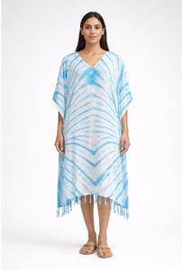 Caftán Largo de Viscosa con Estampado Tie-Dye, Diseño a Rayas, Ecológico, Cuello en V, Transpirable, Asimétrico - Product Image 4