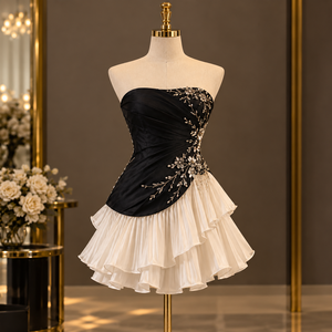 Robe de cocktail trapèze en mousseline de soie noire et ivoire, sans bretelles, froncée, brodée de fleurs, à volants superposés, pour le printemps et les fêtes - Product Image 1
